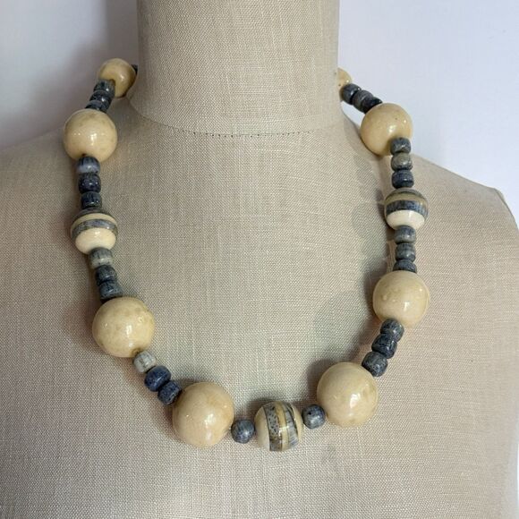 Handcrafted Chunky Ceramic Beaded Necklace – Blue & Cream Statement Jewelry - Picture 6 of 12